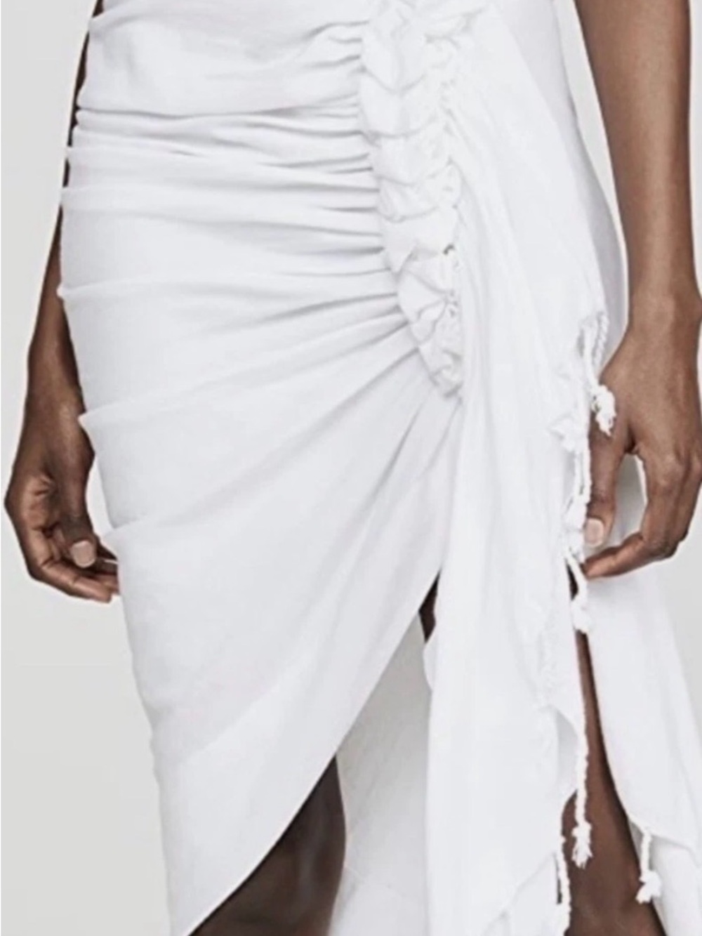 Just Bee Queen Tulum Ivory Ruched Fringe Wrap Maxi Skirt Small Resortwear
